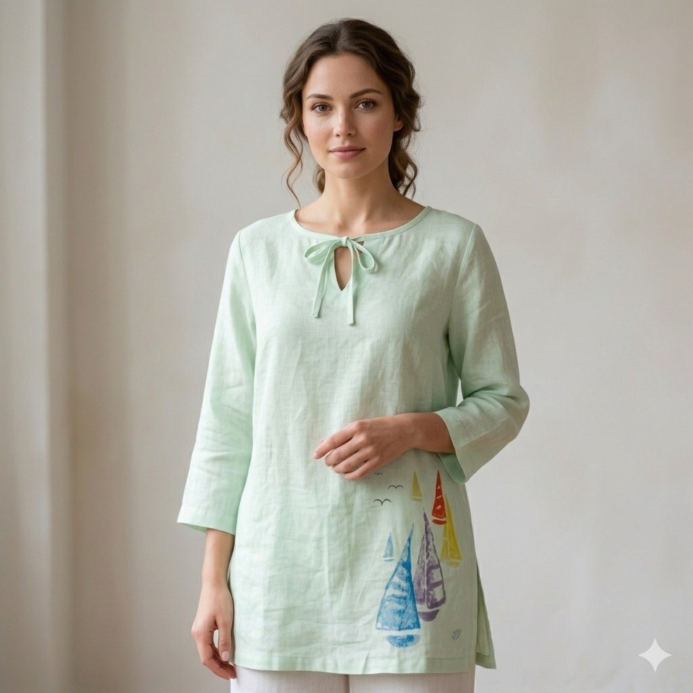 Margaritaville Womens Linen Sailboat Graphic Tunic Top Lime Green Small